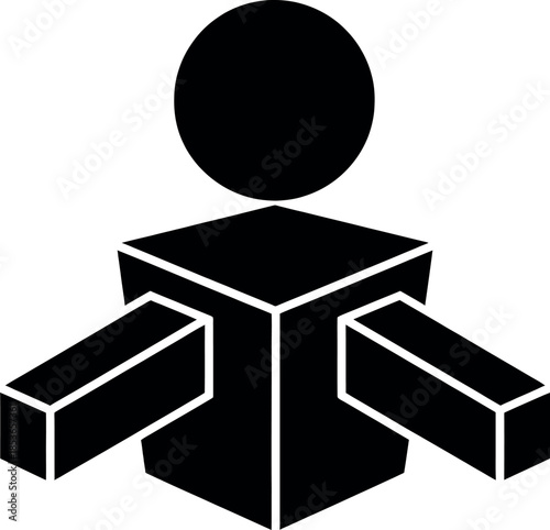 A black and white illustration of a geometric figure with a circle head on a cube body with rectangular arms extended outwards