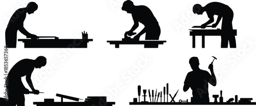 Silhouettes of a Craftsman Working with Wood and Tools on a White Background woodworking