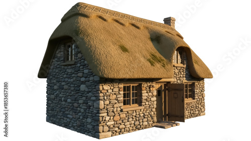 Charming stone cottage with thatched roof isolated PNG, quaint rural house on transparent background, fairytale architecture
