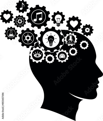 Black silhouette of a human head with creative thinking icons and gears emerging from it, representing innovative ideas and problem solving concepts