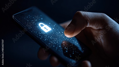 Wallpaper Mural Finger touches illuminated lock icon on smartphone screen in darkness Torontodigital.ca