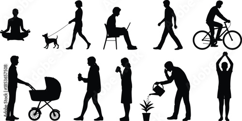 Silhouettes of ten people engaged in diverse daily activities on a white background person woman