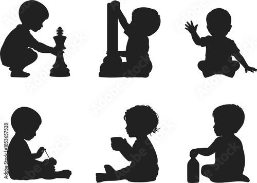 Silhouettes of six babies engaged in various activities on a white background baby child