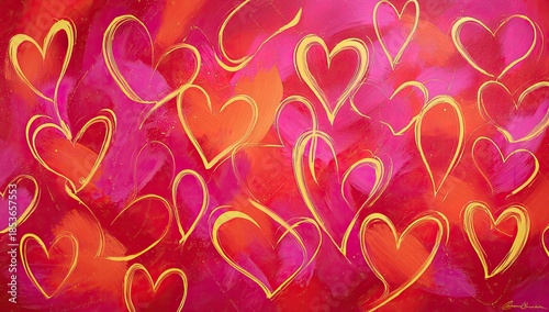 Vibrant abstract artwork bursting with pink, orange and yellow heart shapes against a brushstroke backdrop