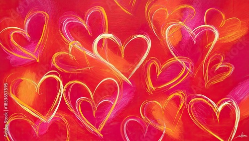 Abstract artwork featuring multiple hand-drawn hearts, overlapping and layered with vibrant color
