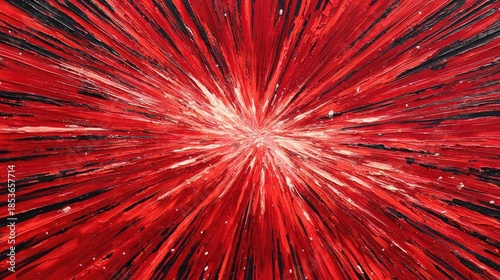 Abstract artwork of bright red and black lines emanating outwards. Central white point