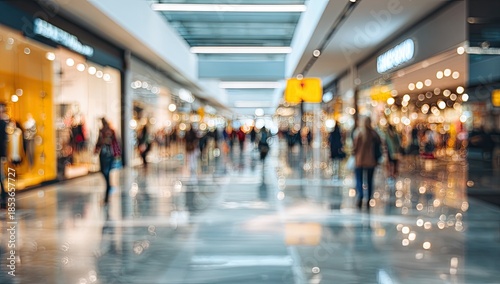 Blurred view inside a busy shopping mall with people walking along bright stores