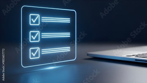 Digital checklist with glowing blue icons representing task completion and online forms