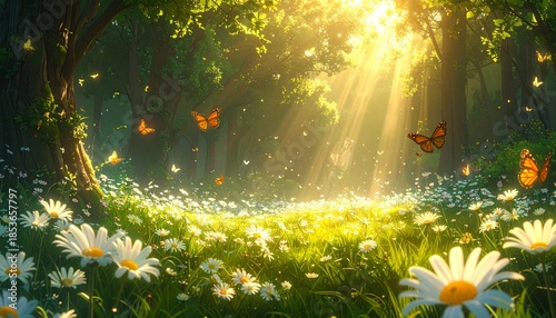 Enchanted forest meadow with giant daisies and colorful butterflies