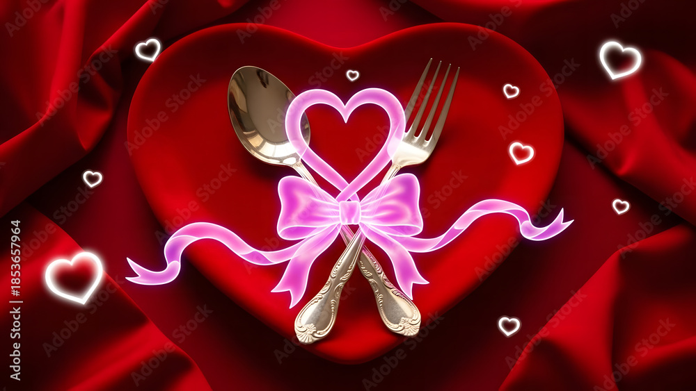 custom made wallpaper toronto digitalRomantic Dinner Setting with Heart-Shaped Cutlery and Pink Ribbon on Red Silk Background.