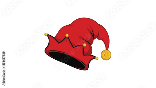Red Elf Jester Hat with Golden Bells Vector Illustration