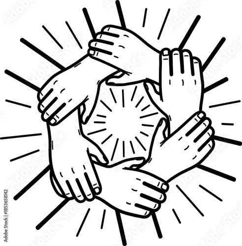 Four hands forming a circle with sunburst lines around