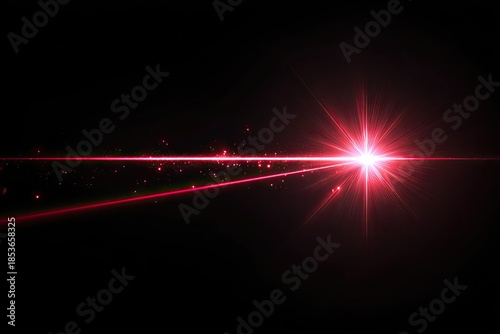 Bright red laser-like light burst with scattered particles radiating across black space
