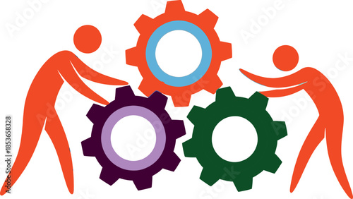 Two people working together with colorful gear mechanisms