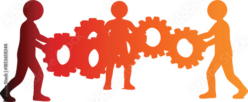 Teamwork concept with people holding gears in a collaborative effort
