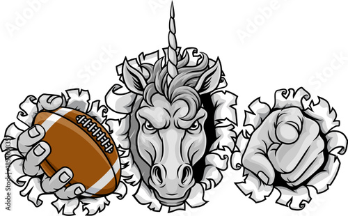 Unicorn horse stallion American football angry sports team mascot holding a ball.