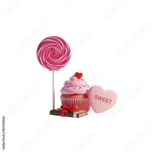 Delicious pink birthday cupcake vector illustration featuring a sweet chocolate muffin with cream icing and a red heart topper for a romantic Valentine celebration