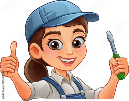 A woman female electrician holding a screwdriver tool builder construction cartoon character mascot.