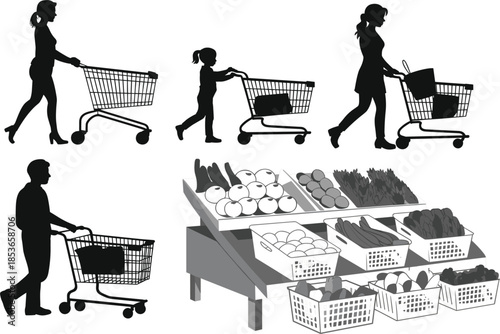 People shopping at grocery store silhouettes, with shopping carts and fresh produce vegetable display racks
