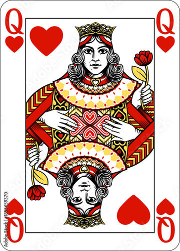 Queen of Hearts design from a new original deck of playing cards. Four pip left handed version with identifier in all four corners.