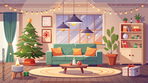 Modern living room with minimalist Christmas decorations, elegant tree, soft lighting, neutral colors, and stylish furniture creating a calm festive interior