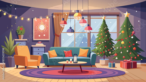 Modern living room with minimalist Christmas decorations, elegant tree, soft lighting, neutral colors, and stylish furniture creating a calm festive interior