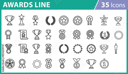 Award icon set for achievement, recognition, gamification, competition rewards, certificate symbols, trophy elements, medal graphics, laurel wreaths