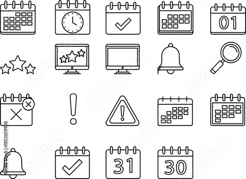Black and white calendar and notification icon set, minimal line style, user interface symbols for scheduling, alerts, reminders