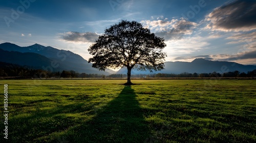 Alleinstehender Baum auf grüner Wiese vor Bergkulisse
