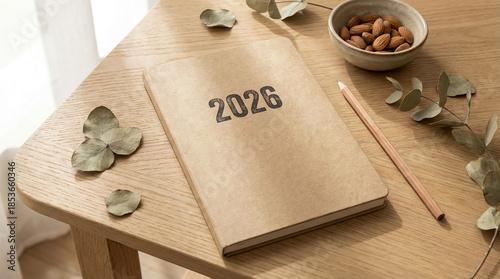 Beige Diary on Wooden Table Top View