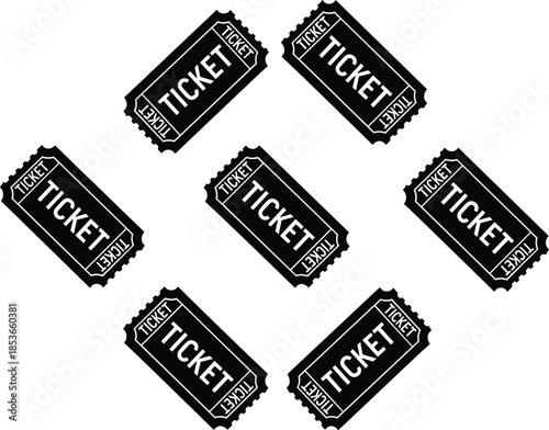 Black and white vector illustration of classic admission tickets, perfect for event promotions, raffles, or vintage-themed designs, isolated on a clean white background.