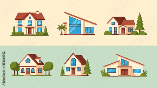 Collection of charming suburban houses with diverse architectural styles and lush green trees, perfect for real estate or neighborhood concepts