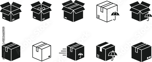 Black cardboard box icons, packaging symbol set, shipping vector graphics, logistics silhouette design, fragile item illustration, editable carton emblem for UI, apps, infographics