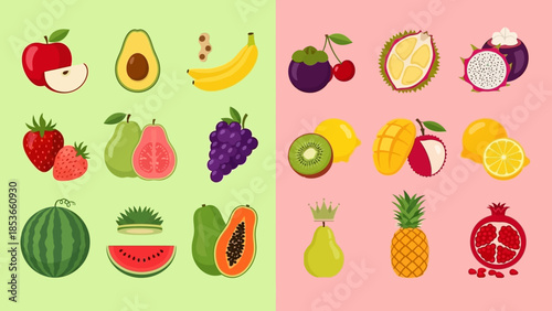 A vibrant collection of fresh, colorful fruits, showcasing a variety of tropical and common varieties for a healthy lifestyle