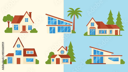 A collection of charming and modern residential house illustrations, showcasing diverse architectural styles for design inspiration