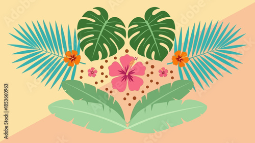 Tropical Leaves and Flowers Arrangement with Pastel Background