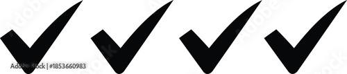 Black check mark icons, approval symbol set, task completion vector, minimalist tick graphics, verified status signs, correct answer indicators, editable silhouette for UI, apps