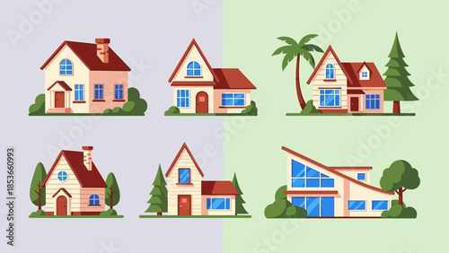 Collection of stylized illustrations depicting various detached houses and their surrounding greenery