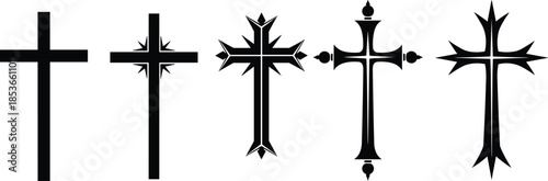 Black cross icons, religious symbol set, stylized Christian vector graphics, ornamental silhouette design, editable faith emblem for UI, apps, infographics, spiritual art