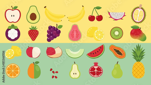 A colorful assortment of fresh fruits, beautifully arranged in rows, showcasing a variety of healthy and delicious options for a balanced diet