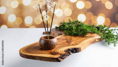 Smoking Juniper Incense Sticks on Rustic Wooden Tray with Golden Bokeh Background