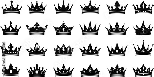 Black crown silhouette icon set for royalty, heraldry, authority symbols, regal design, vector pack, minimal style, editable stroke, graphic elements, noble emblems