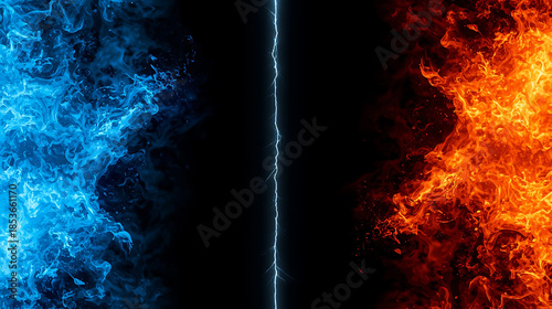 Contrasting blue and orange flames with lightning on black background