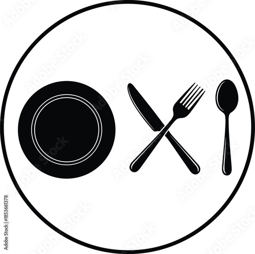 Black dining icons, plate and cutlery symbol, restaurant vector graphics, food service silhouette design, meal time illustration, editable kitchen emblem for UI, apps
