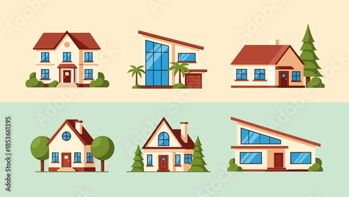 Set of modern and traditional house illustrations with different architectural styles and colors