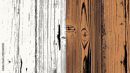 Textured wooden plank background, divided into two sections showcasing contrasting finishes white distressed and natural brown grain patterns