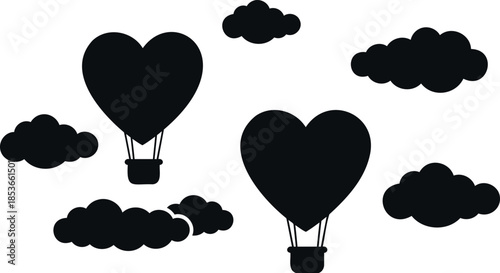 heart shaped hot air balloons flying in the sky with clouds Vector illustration