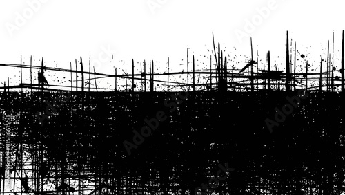 Abstract textured black and white graphic with horizontal lines and splashes, evoking a sense of grunge and urban decay