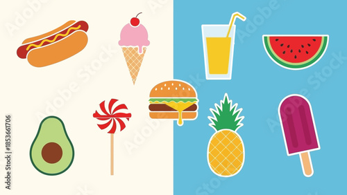 Colorful assortment of summer treats and refreshing foods displayed against a plain background, depicting a vibrant and appetizing collection