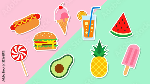 Vibrant Collection of Delicious Summer Treats and Fast Food Illustrations